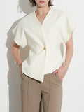Commuter Wind 2025 New V Neck Short Sleeve Waist A Button Door Skirt Asymmetric Thin Pure Color Vest