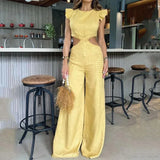 White Sexy Women Bodysuit Backless Round Neck Sleeveless Naked Waist Loose Mop Pants Jumpsuit Fashion Summer