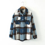 Vintage Blue Plaid Long Coat Jacket Pocket Casual Warm Overcoat Fashion Outwear Fall 2020 Women
