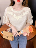 Hollow Women Tops Summer French Style Sweet Blouse 2023 New Fashion Half Sleeve Clothes Apricot Lace Shirt Blusas