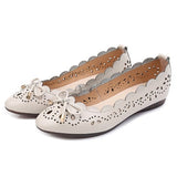 Breathable Genuine Leather Summer Shoes Woman 2021 Flat Low Heel Bowknot Hollow Out Leather Slip On Shoes For Women