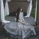MAO Yamamoto Dark Summer Beach Black White Super Long Irregular Big Swing Elegant Suspender Dress Women Femme Y2K