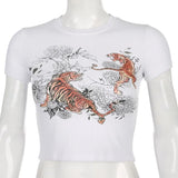 Ribbed Tight Printing Crop Tops O-neck Short Sleeve Skinny White T-shirts Vintage Summer Tops