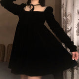 SUCHCUTE Velvet Women's A Line Dress Slim Square Neck Goth Party Outfits Winter Elegant Lady Gauze Bandage Sweet Black