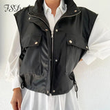 Sleeveless 2020 PU Leather Jacket Vest Women Black Zipper Autumn Winter Khaki Pocket Casual Coat Short Loose