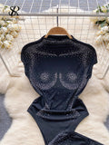Rhinestone Print Slim Two Pieces Sets Women Short Sleeves Sexy Bodysuits+Bodycon Skirt Fashion Beading Sensual