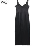 New Women Sexy Corset Style Black Satin Slim Sling Midi Dress Female Chic Back Zipper Split A Line Party Vestidos