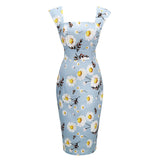 Chic Office OL Bandage Ladies Party Dress 50s Sleeveless Retro Vintage Floral Printed Blue Sling Pin Up Bodycon