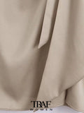 Women Fashion With Knotted Gathered Front Slit Midi Skirt Vintage High Waist Back Zipper Female Skirts