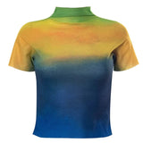Women Fashion Summer Short Sleeve Gradient Turtleneck Slim Skinny Tops Tees T Shirt 2021 Female Clothing