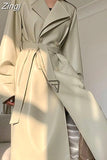 Spring Autumn Long Faux Leather Trench Coat for Women Belt Double Breasted Luxury Elegant Fashion