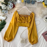 Autumn Women's Blouse French Retro Square Collar Solid Color Short Top New Navel Stretch Waist Thinning Shirts