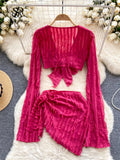 American Holiday Beach Suits Flare Sleeve V Neck Crop Top+One Piece Slim Skirt Fashion Folds Bandage Two Pieces