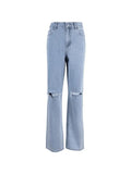 Blue Wash Straight Leg Knee Ripped Jeans- Outfit