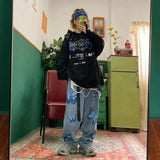 street clothing retro trend pocket jeans female letter star print high waist casual oversized straight pants
