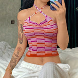 2021 Summer Women Crop Top Halter Neck Bandage Backless Off Shoulder Sleeveless Patchwork Beach Knit Sexy Tank