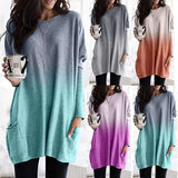 Spring Autumn Casual Loose O Neck Long Sleeve Pocket Women'T Shirts New Fashion Gradient Print Ladies T Shirts Plus