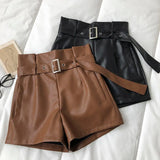 New PU Leather Shorts Women Shorts All-match Sashes Wide Leg Short Ladies Sexy Leather Shorts Autumn