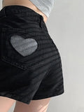 Heart Print Shorts Jeans Women 2022 Summer Sweet Korean Style Fashion High Waist All-Match A-line Denim Shorts