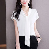 Tie Blouse Shirt for Women OL Elegant Blouses Satin Womens Tops Silk Female Clothing 2023 Korean Fashion Short Sleeve