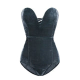 Burgundy Strapless Velvet Sexy Bodysuit Women Sweetheart Bodycon Backless Lace Up Body V Neck Party Club