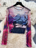 Fashion Streetwear Suits O Neck Transparent Blouse+High Waist Bodycon Skirt Women Senior Vintage Slim Two Piece