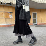 Vintage Velvet Pleated Skirts Women Black Stitching High Waist Long Retro Velour Skirt Korean Style Female Faldas