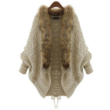 Women Cardigan Soft Fur Collar Batwing Sleeve Sweater Back Tie Up Style Knitted Luxury Female Clothes Warm Lady Coat