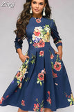 pleated tunic print dress women Elegant ladies A line dresses Long sleeve female autumn mixi party dress
