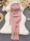 Women Korean Knitted Dress Long Sleeve V Neck Elastic Slim Pencil Dresses 2023 Autumn Sexy Bodycon Split Sweater