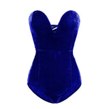 Burgundy Strapless Velvet Sexy Bodysuit Women Sweetheart Bodycon Backless Lace Up Body V Neck Party Club