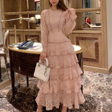 Layer Ruffles Lace Maxi Dress Runway Summer Women White Floral Embroidery Long Dress Hollow Out Cake Party