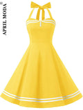 Sexy Women Polka Dot Swing Party Dress Halter Blue Cotton A Line 60s 50s Pin Up Retro Vintage Rockabilly Jurk with