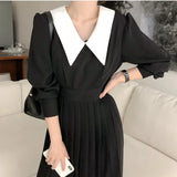 Pleated Women Spring A-Line Long Sleeve Midi Office Patchwork Dress Autumn Korea