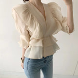 Hong Kong Flavor Lotus Leaf Side V-Neck Shirt 2025 Design Feeling Waist Thin Chiffin Shirt