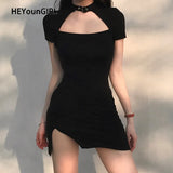 Harajuku Black Bodycon Mini Dress Women Split Side Halter Short Dresses Ladies Skinny Short Sleeve Skinny Summer