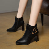 Zingj Boots Women's 2023 Autumn And Winter New Thick Heel Ankle Boots Pointed Thick Heel Belt Buckle High Heel Boots- Outfit