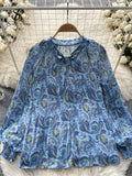 Korean Print Chiffon Shirt Bow Neck Long Sleeves Loose Leopard Top Casual Paisley Vintage Floral Blouse Spring