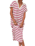 Zingj Summer Dress Women's V-Neck Stripe Low Slit Lapel Long Sweater Even-Outfit