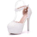 Cm White Lace Wedding Shoes Fine Heel Round Head Waterproof Shoes Large Size White Wedding Shoes