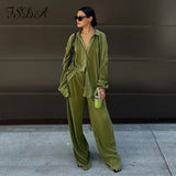 2021 Elegant Tracksuit Women Green Autumn Winter Long Sleeve Blouse Top Shirts And Pants Casual Two Piece Sets Party