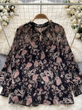 Korean Print Chiffon Shirt Bow Neck Long Sleeves Loose Leopard Top Casual Paisley Vintage Floral Blouse Spring