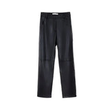Winter Fleece Pu Leather Pants Women High Waist Straight Pants solid color spliced trousers