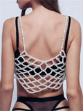 Pearls Patchwork High Street Tube Tops Deep V Neck Sexy Women Bustiers Cropped Hollow Out Backless Cover Up Tank