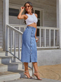 Side Slit Buttoned Denim Midi Skir- Outfit