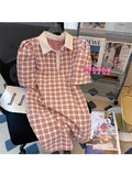 Pattern Mini Dress For Women Korean Fashion Pink Short Sleeve Polo Cute Sweet Vestidos Casual Preppy Style A Line