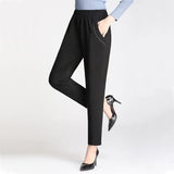 Women Large Size Simple High Waist Leisure Long Trousers Korean Style Straight Womens Pocket All-match Female Office