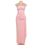 Strapless Pink Tie Up Mesh Midi Dress-Outfit