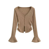 Zingj Fashion Women's Fashion Autumn And Winter New Spice Girl V-Neck Single-Breasted Flared Sleeve Knitted Cardigan Slim