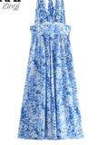 Print Halter Long Dress Women Blue Floral Backless Dress Woman Off Shoulder Sexy Summer Dresses Midi Holiday Party